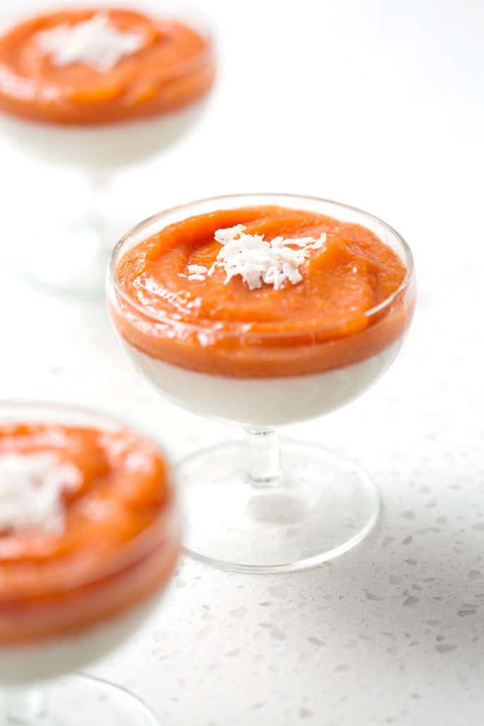 non-dairy version of panna cotta with fruit puree in champagne coups.
