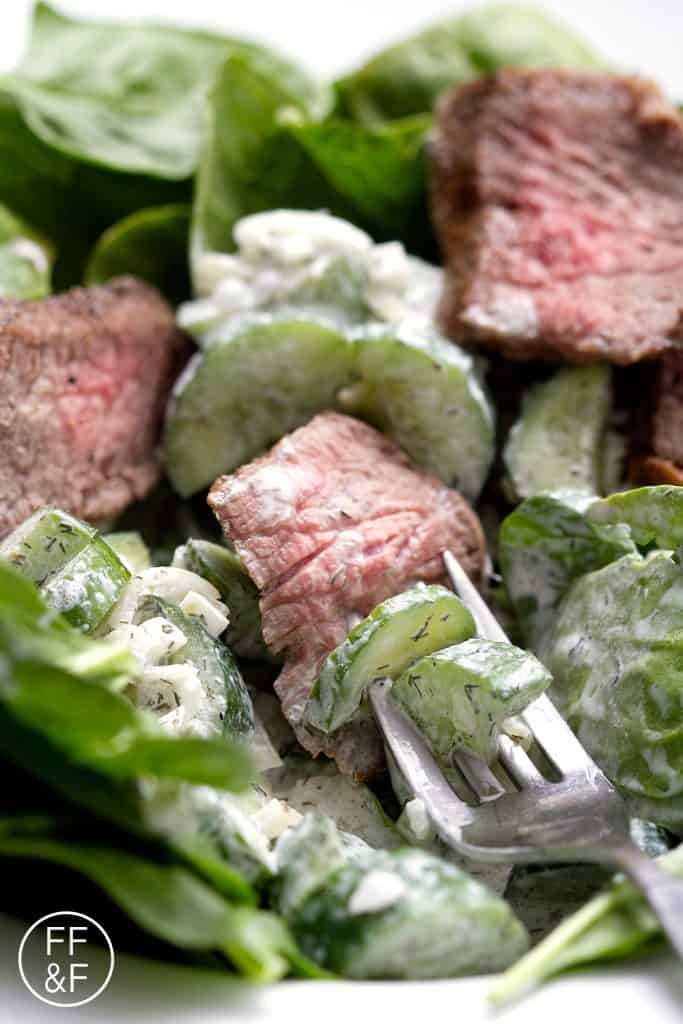 This Tri Tip Spinach Salad with a Creamy Cucumber Dill Dressing recipe can be used with cold, leftover tri tip or hot, right off the grill. You can also make the dressing up to a day in advance so all you need to do is assemble for dinner. Either way, it’s delicious. This recipe is allergy friendly (gluten, dairy, shellfish, nut, egg, and soy free) and suits the autoimmune protocol and paleo diets.