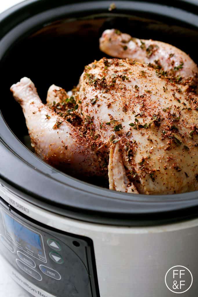 This Herb Rubbed Slow Cooker Whole Chicken is the easiest and juiciest roast chicken you’ll ever make! This recipe is allergy friendly (gluten, dairy, shellfish, nut, egg, and soy free) and suits the paleo diet.