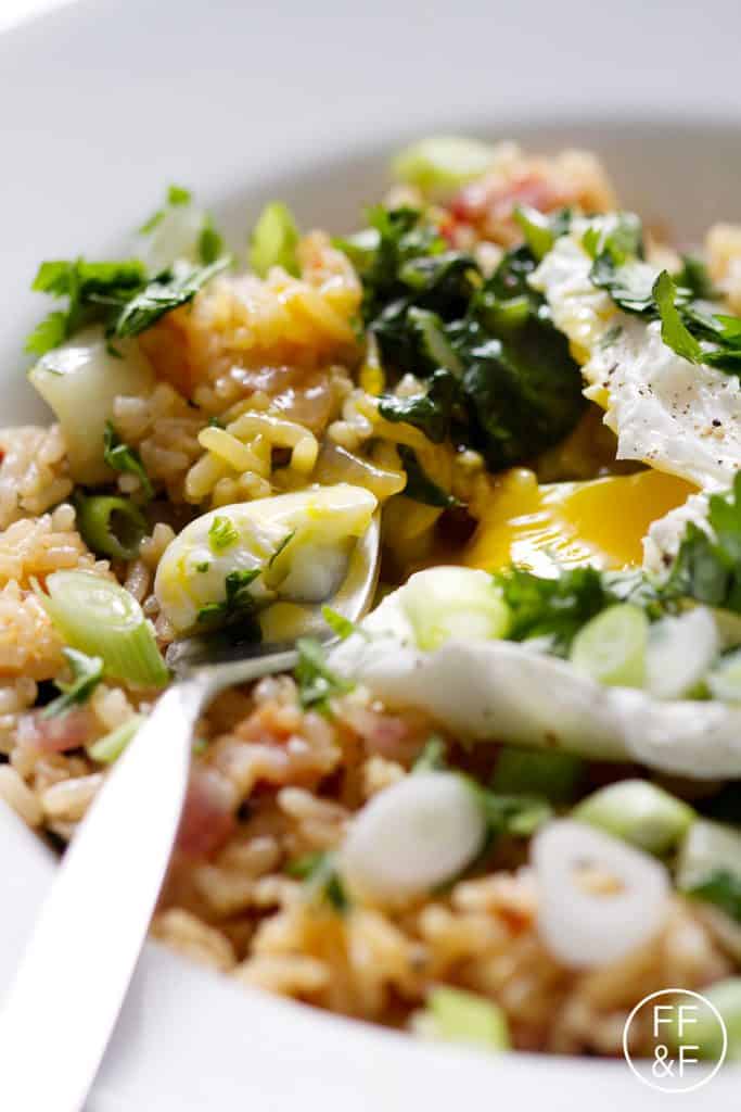 Spicy Bok Choy and Bacon Fried Rice is a take on traditional fried rice that's made with bok choy, bacon and then topped with a poached egg. This recipe is gluten, egg, and soy free.