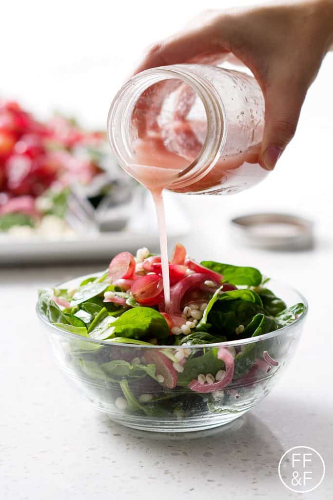 Spinach Salad with Barley with Grapes and Pickled Onions