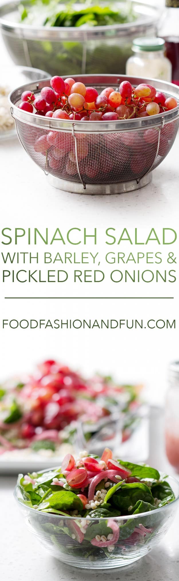 Spinach Salad with Barley, Grapes and Pickled Red Onions