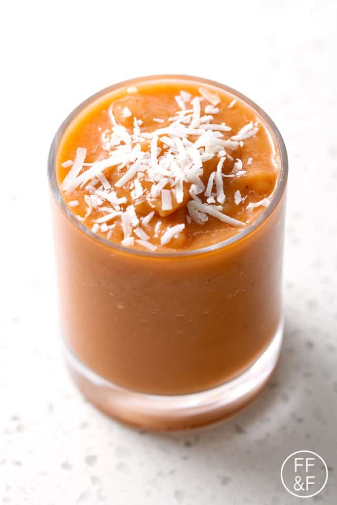 Carrot Cake Smoothie. It's made with carrot juice and no sugar so it's super healthy. This recipe is allergy friendly (gluten, dairy, shellfish, nut, egg, and soy free) and suits the autoimmune protocol diet (AIP), paleo and vegan diets.