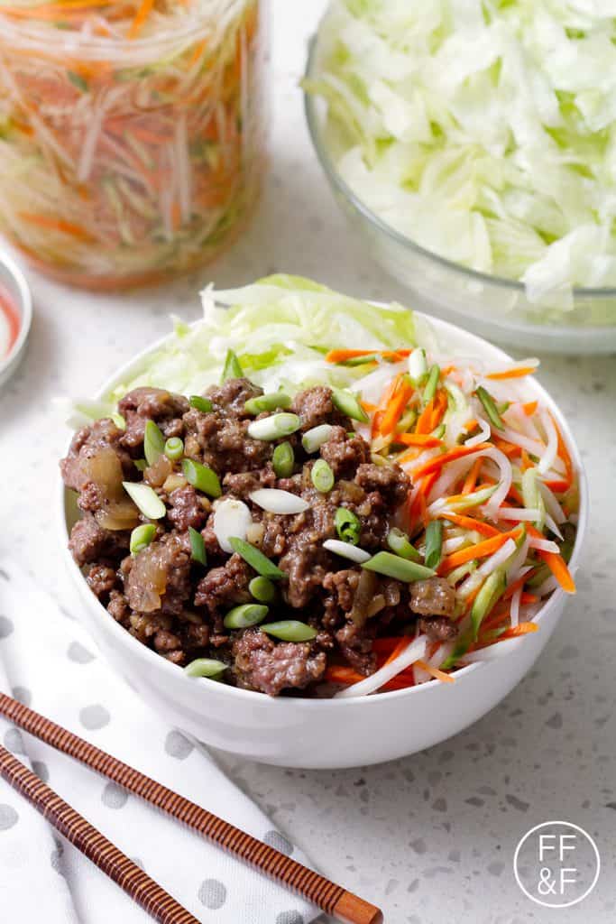 Vietnamese Beef Bowl made with rice, lettuce, pickled vegetables and ground beef with Vietnamese flavors.