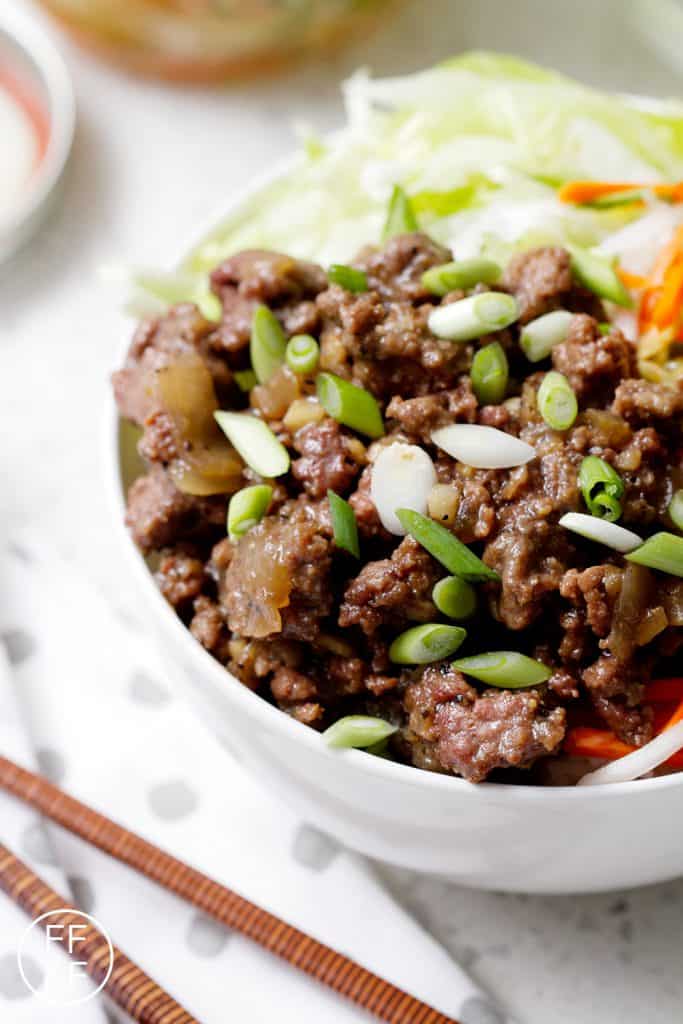 Vietnamese Beef Bowl made with rice, lettuce, pickled vegetables and ground beef with Vietnamese flavors.