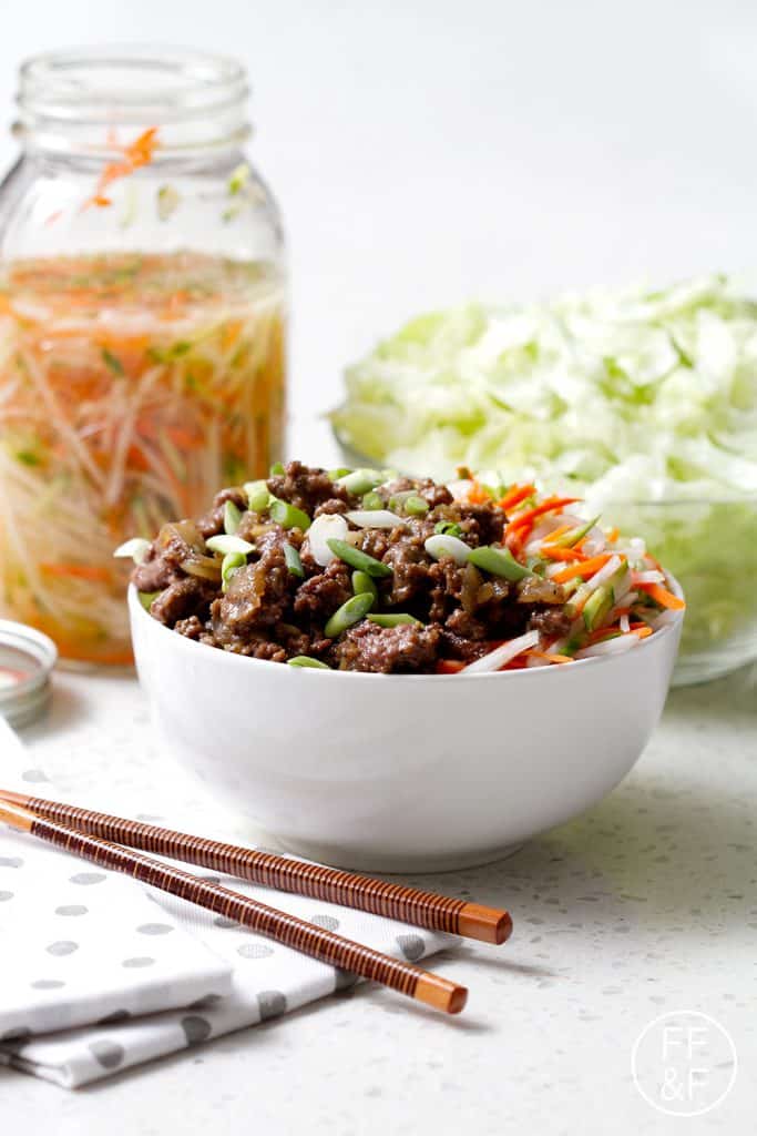 Vietnamese Beef Bowl made with rice, lettuce, pickled vegetables and ground beef with Vietnamese flavors.