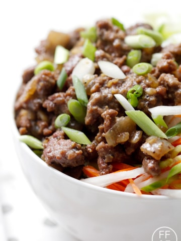 Vietnamese Beef Bowl made with rice, lettuce, pickled vegetables and ground beef with Vietnamese flavors.