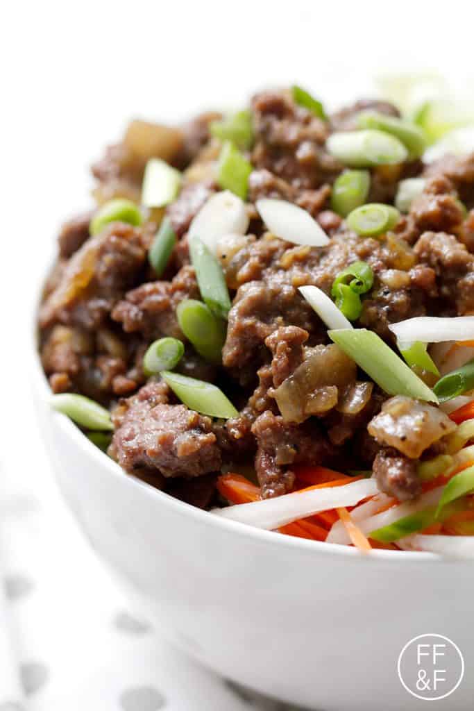 Vietnamese Beef Bowl made with rice, lettuce, pickled vegetables and ground beef with Vietnamese flavors.