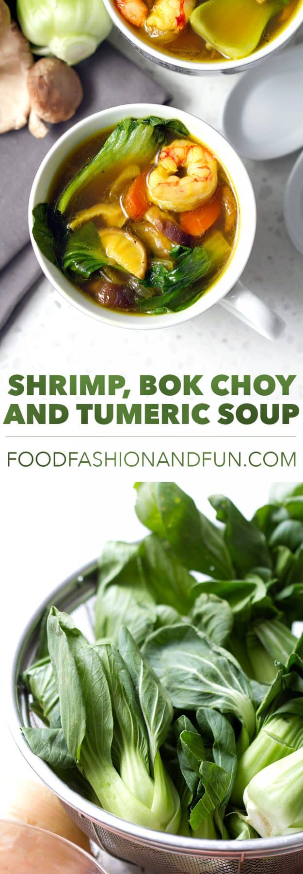 Packed full of delicious and healthy ingredients like turmeric, bok choy and shrimp for a healthy gluten free soup recipe.