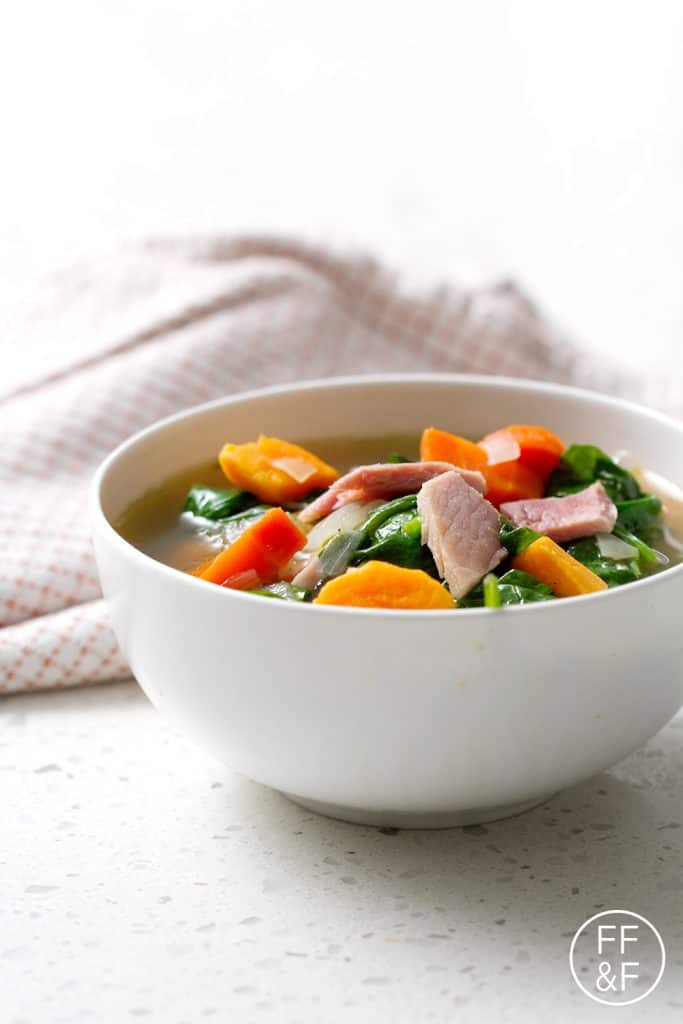 Save the bone and a few cups of leftover ham from last night’s glazed ham to make this Leftover Ham Bone Soup. It’s packed with colorful and good-for-you foods like carrots, sweet potatoes and spinach. This recipe is paleo/AIP that means gluten, dairy and nut free.