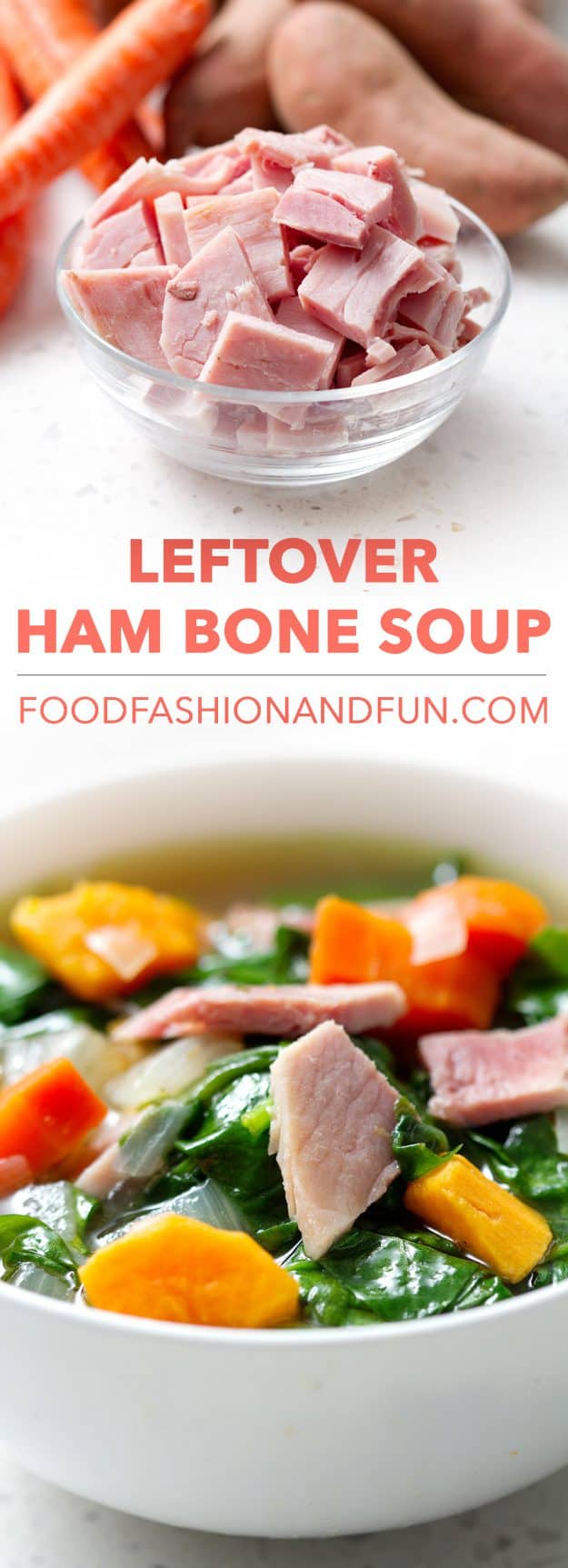 Save the bone and a few cups of leftover ham from last night’s glazed ham to make this Leftover Ham Bone Soup. It’s packed with colorful and good-for-you foods like carrots, sweet potatoes and spinach. This recipe is paleo/AIP that means gluten, dairy and nut free.