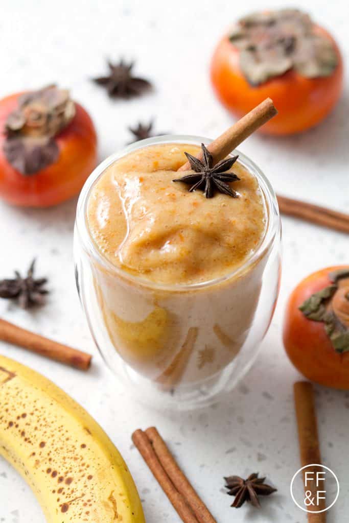 This recipe for Persimmon Chai Smoothie use uses only a few ingredients to create a healthy and delicious drink. Persimmons have a rather short season so take advantage and blend this seasonal smoothie. This drink is vegan and paleo/AIP.