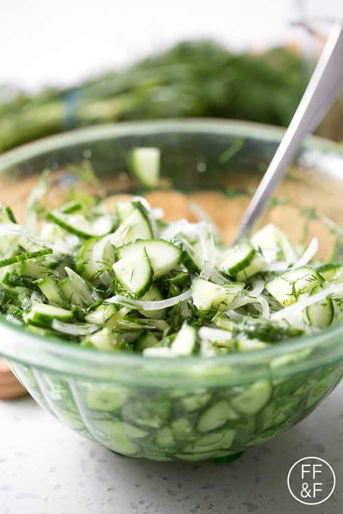 Here’s a refreshing and vinegary summer recipe, Cucumber Dill Salad. It’s made with fresh dill, cucumbers and a vinegary dressing that requires absolutely no cooking. It’s the perfect summer side dish. This recipe is allergy friendly (gluten, dairy, seafood, nut, egg, and soy free) and suits the autoimmune protocol and paleo diet.