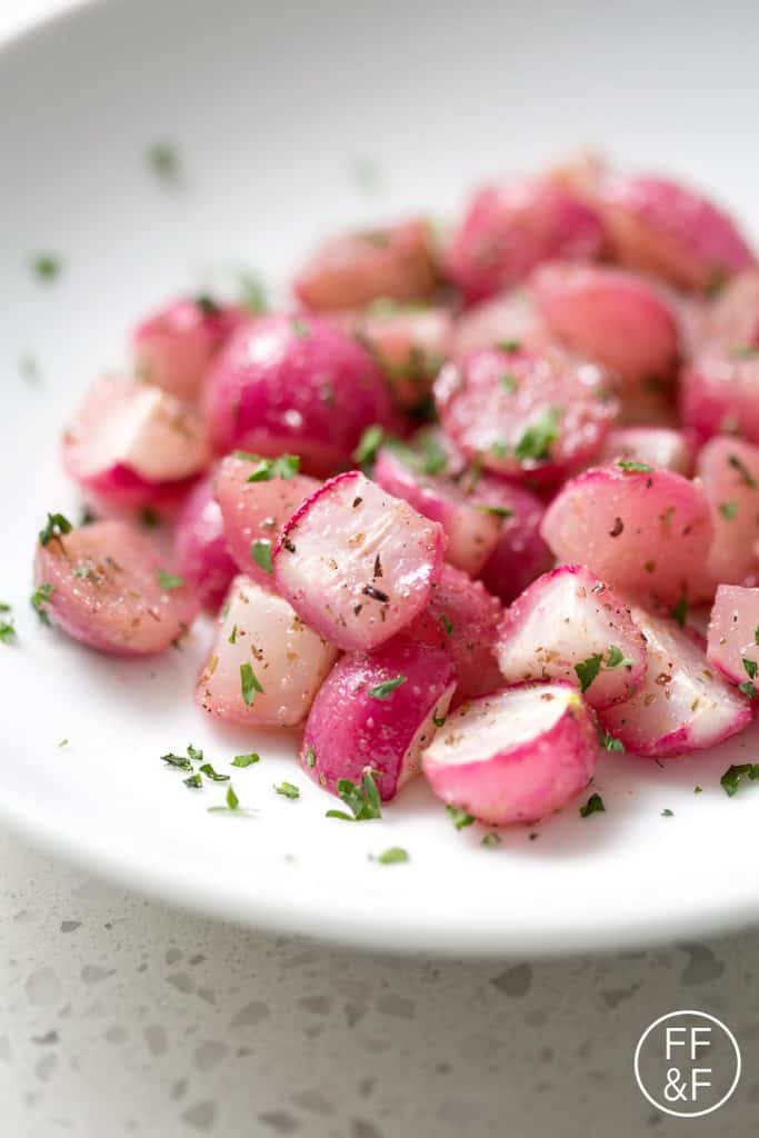 This Oven Roasted Radishes recipe takes advantage of the fresh produce from your garden. After roasting the radishes, they have an almost sweet taste that’s completely different from the sharper raw flavor. This recipe is allergy friendly (gluten, dairy, seafood, nut, egg, and soy free) and suits the autoimmune protocol, paleo and vegan diets.