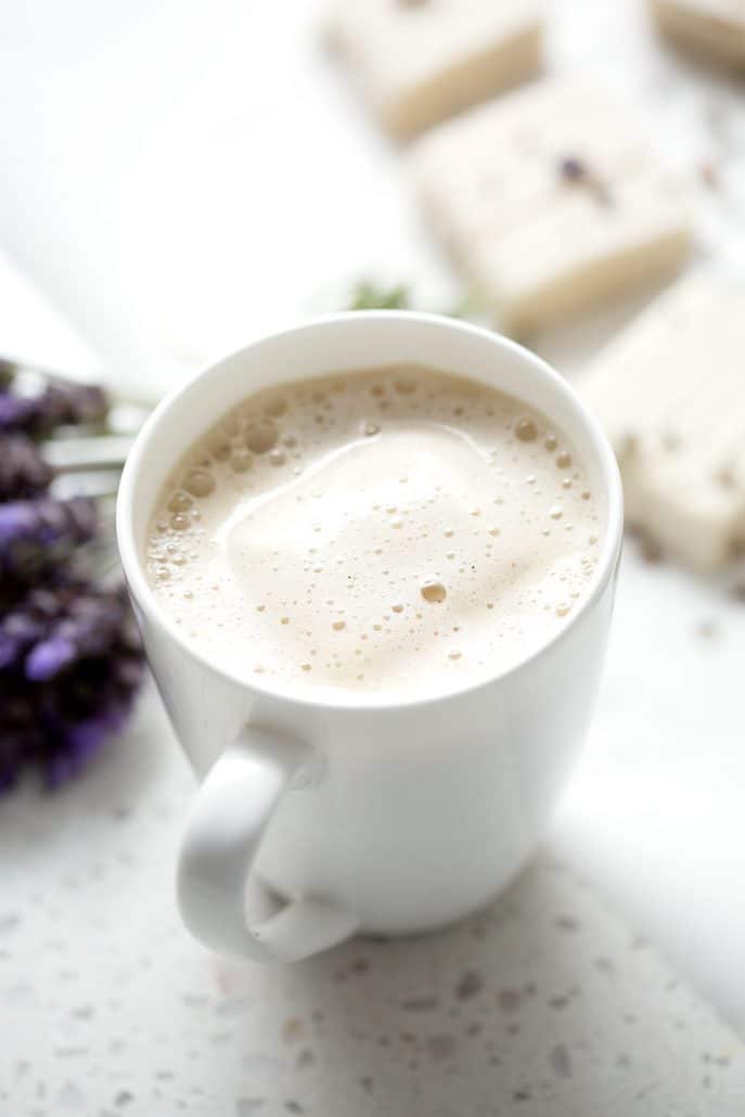 cup of tea with marshmallows and lavender