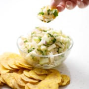 apple salsa in bowl with plantain chips