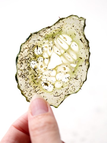 close up of dill cucumber chip