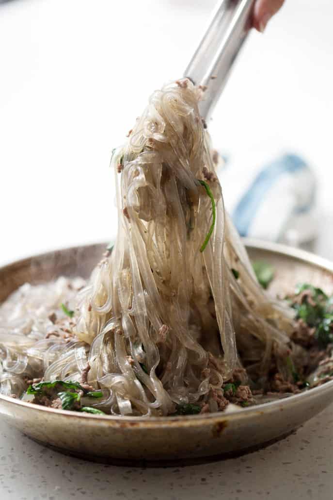 AIP Ground Beef Stroganoff with Spinach recipe is a quick beef stroganoff with ground beef and sweet potato starch noodles. Traditionally stroganoff includes sour cream but I’ve used coconut cream. However, this recipe is delicious cream free! This recipe fits the Autoimmune Protocol (AIP) and Paleo diets.