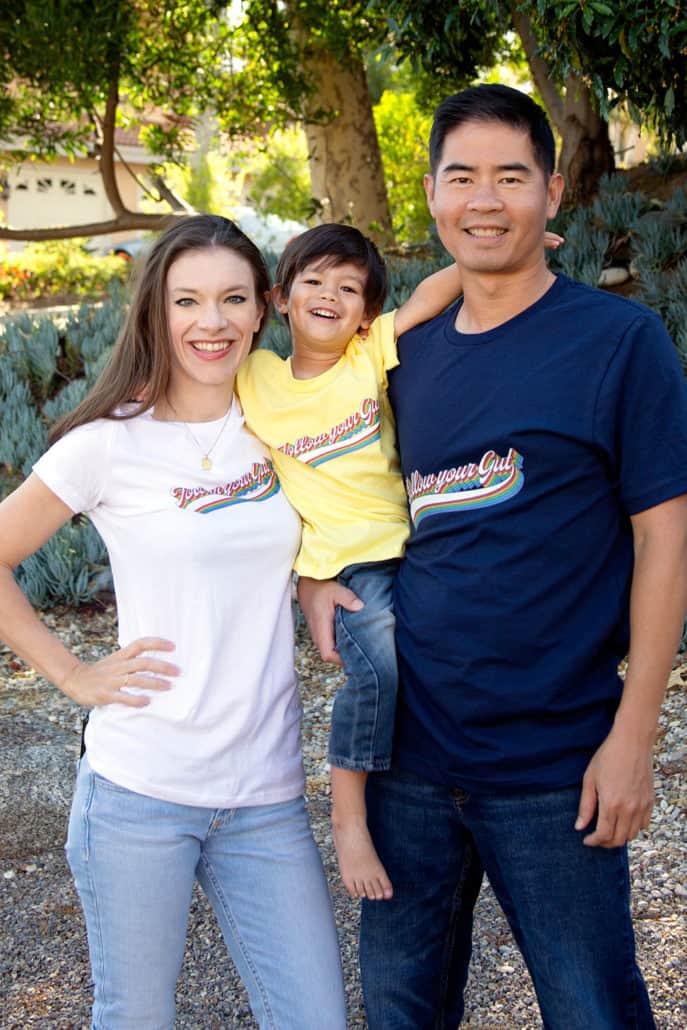family wearing different color tshirts