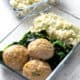 meatballs, spinach and rice in glass dish