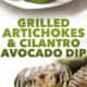 dipping grilled artichoke leaf in sauce on white background with text