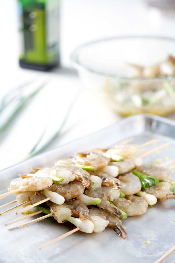 shrimp and onions on skewers