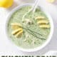 bowl of green soup with lemon and chive garnish with text