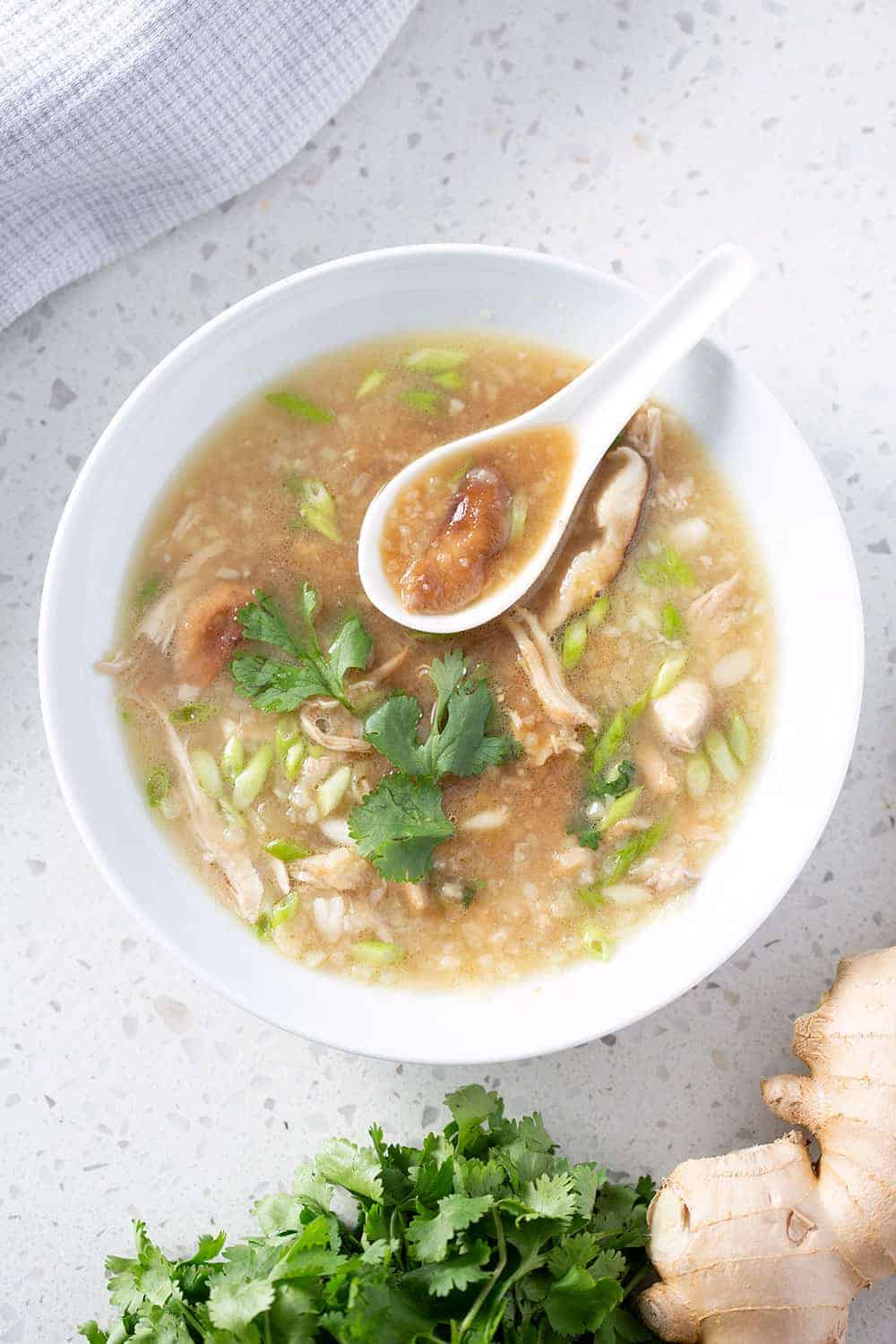 bowl of instant pot congee with spoon from above