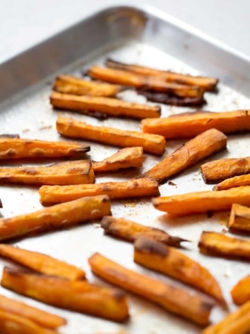 sweet potato fries on baking sheet