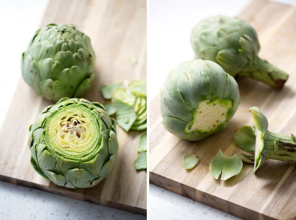 cut the top and stem off of artichokes