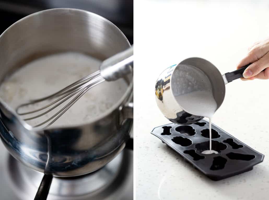 close up of whisk in small saucepan and pouring milk into mold