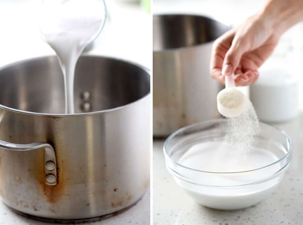 pouring coconut milk in stock pot and sprinkling gelatin in bowl
