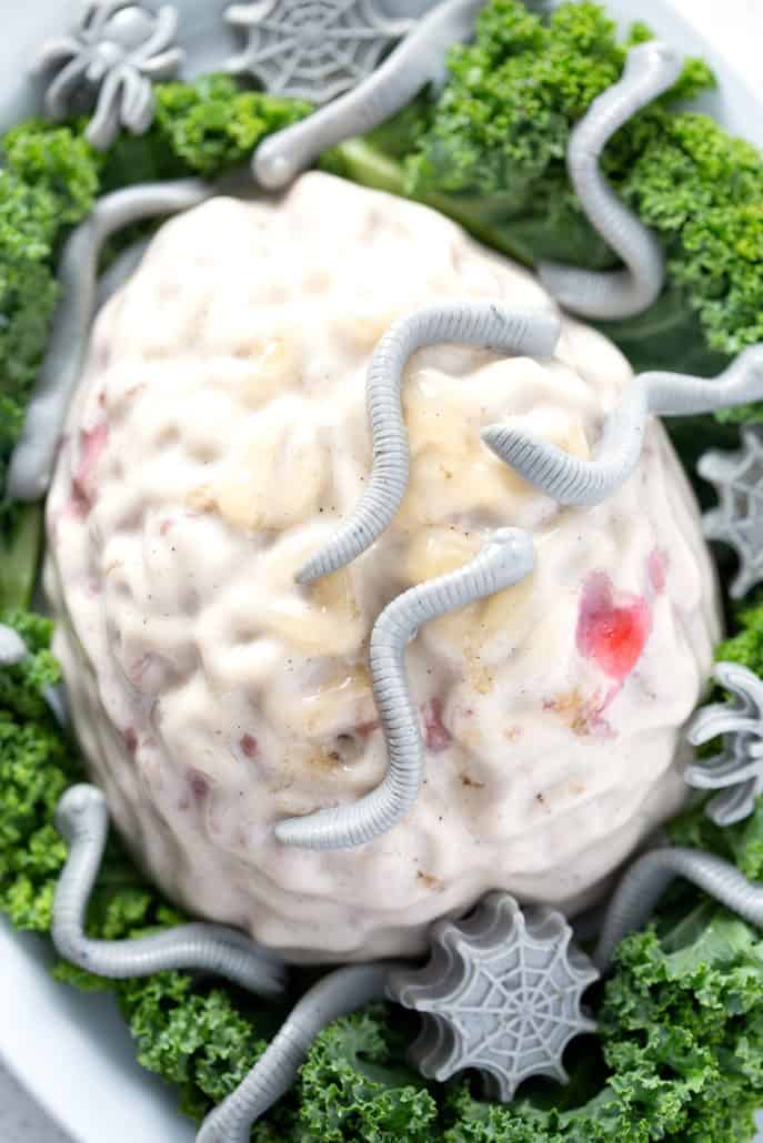 close up of brain jello mold with gummy worms