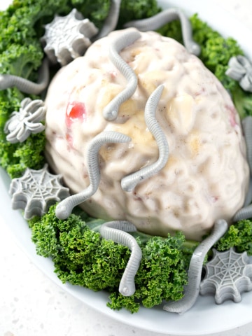 brain shaped jello on bed of kale on white background