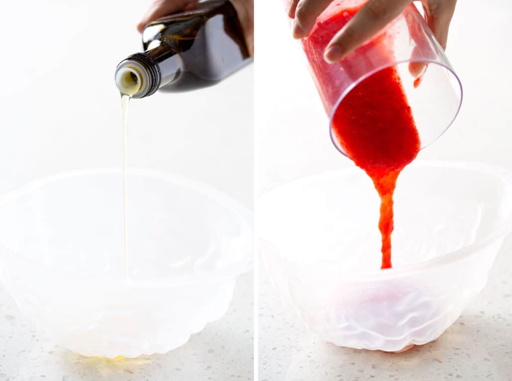 pouring oil and strawberry puree into brain jello mold