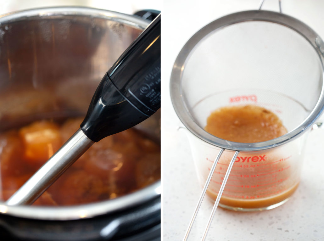 immersion blender in instant pot and apple cider being strained