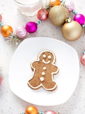 aip gingerbread cookie on white plate surrounded by christmas decorations