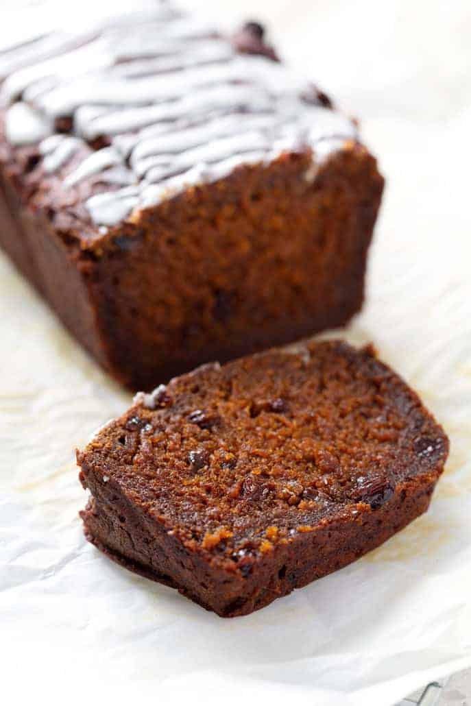 slice of aip pumpkin bread with raisins with loaf