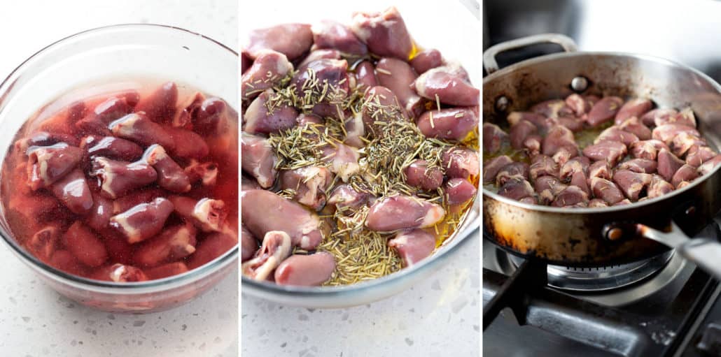 step by step photos for the Rosemary Chicken Hearts recipe