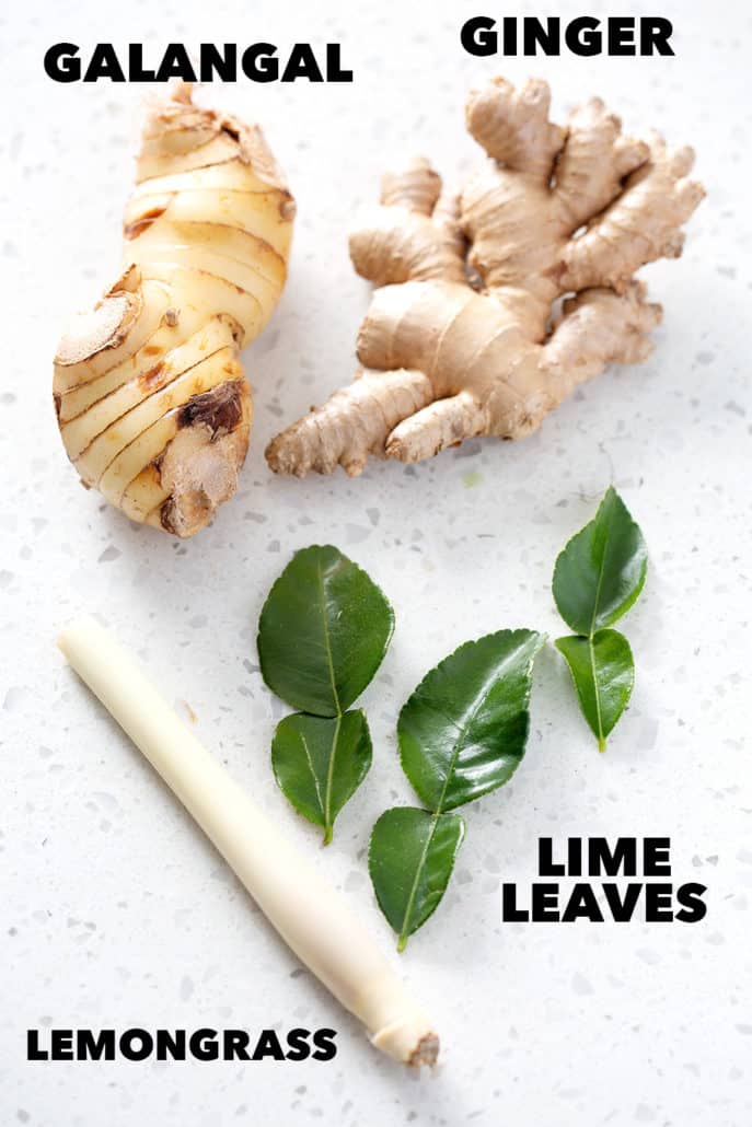 image of galangal, ginger, lime leaves, lemongrass with labels