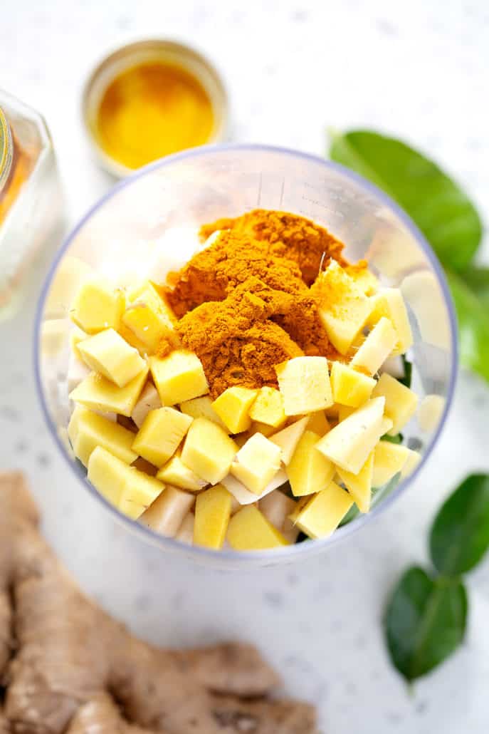 ingredients for AIP Thai Yellow Curry Paste in container for immersion blender