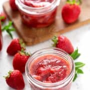 mason jar of AIP Instant Pot Strawberry Rhubarb Compote