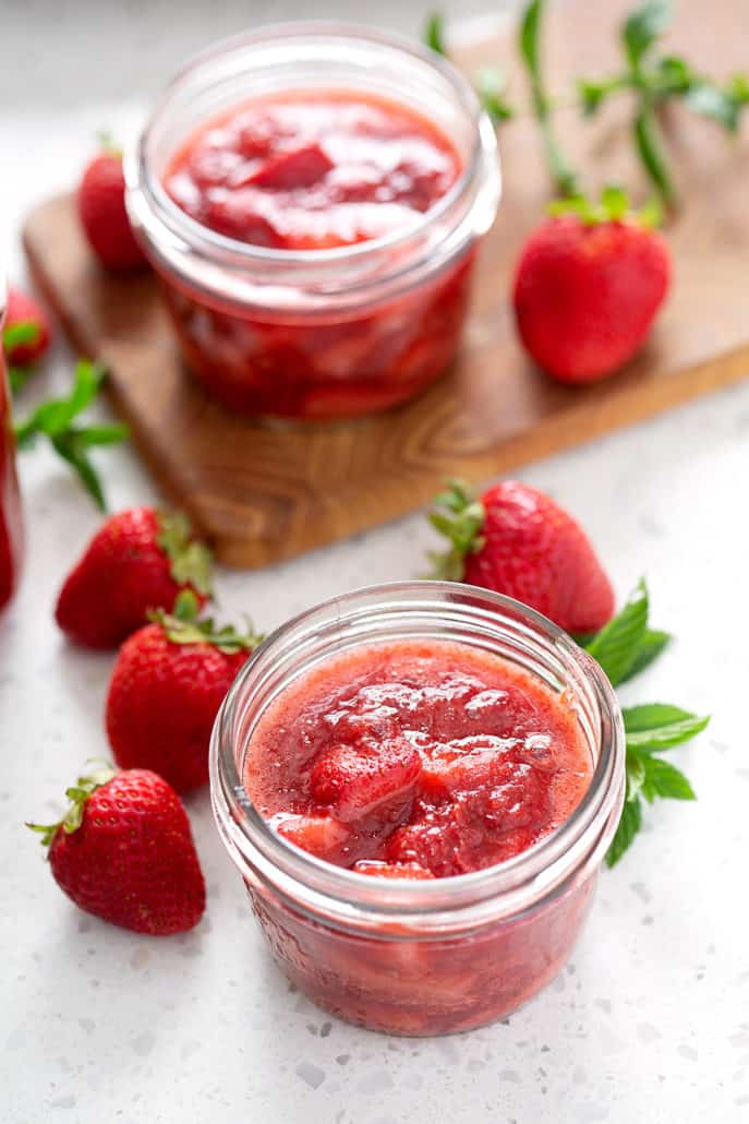 mason jars of AIP Instant Pot Strawberry Rhubarb Compote