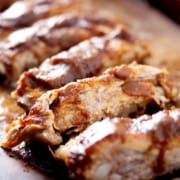 Instant Pot AIP BBQ Ribs close up on baking sheet
