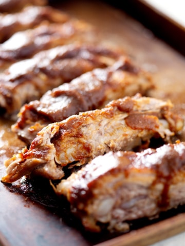 Instant Pot AIP BBQ Ribs close up on baking sheet