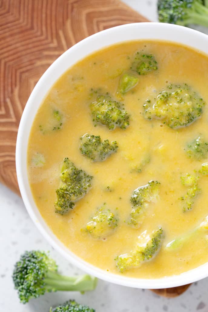 close up of bowl of AIP Broccoli Cheese Soup