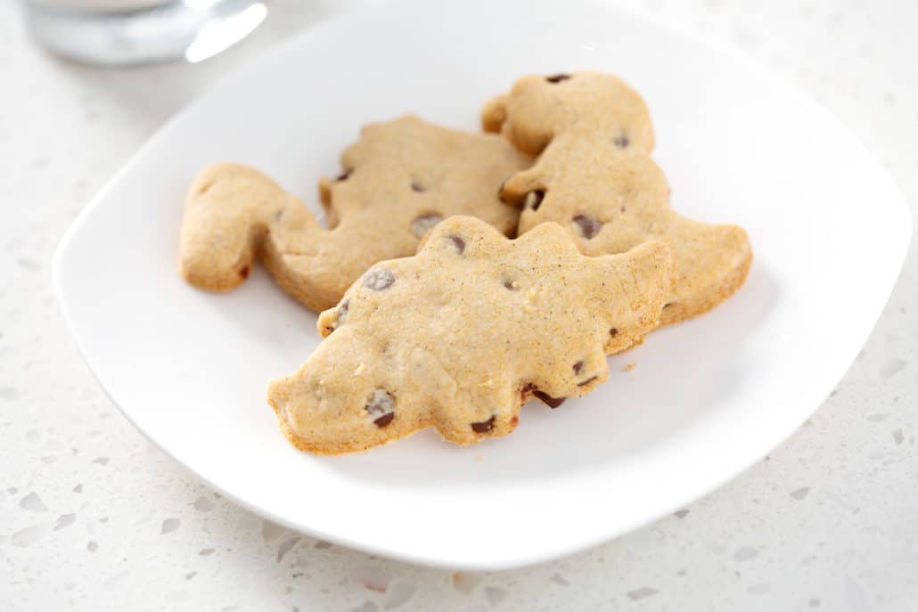 dinosaur cut out cookies on white plate