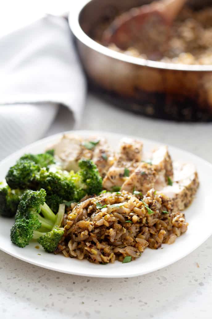 AIP Rice and Pasta (Rice ‘a’ Roni copycat) on plate with chicken and broccoli