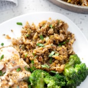 AIP 'Rice' and Pasta (Rice a Roni copycat) on plate from above with chicken and broccoli.