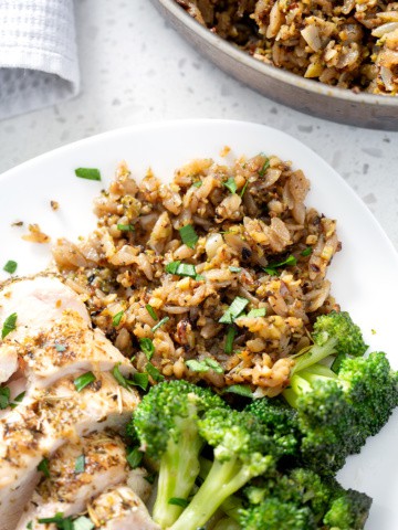 AIP 'Rice' and Pasta (Rice a Roni copycat) on plate from above with chicken and broccoli